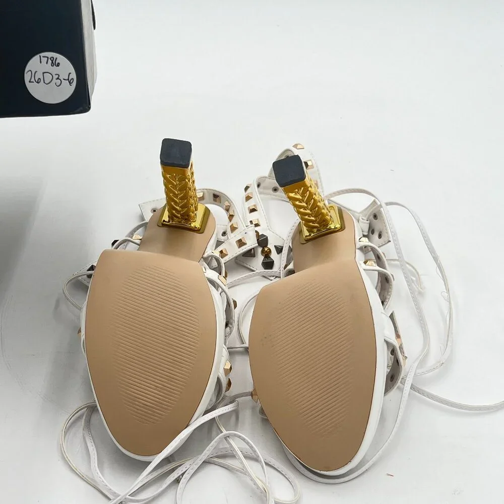 FSJ Ivory Gold Metal Chain Thick High Heel Open Toe Strappy Ankle Buckle Sandals - Picture 7 of 8